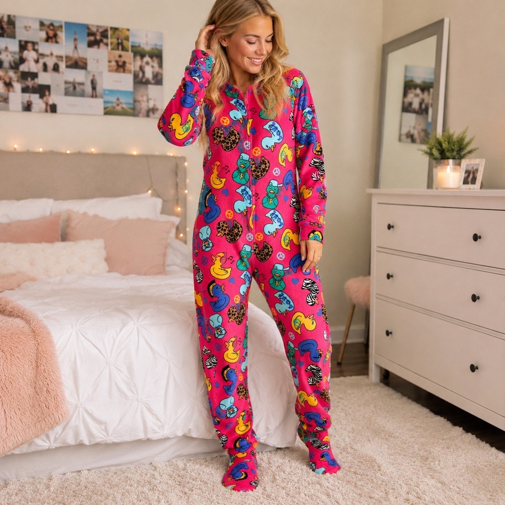 Joe Boxer Womens Small Pink Rubber Duck Footed Pajama Sleeper Fleece One Piece